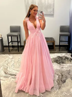 Pink Floral Tulle Prom Dresses, Pink Floral Tulle Formal Graduation Dresses