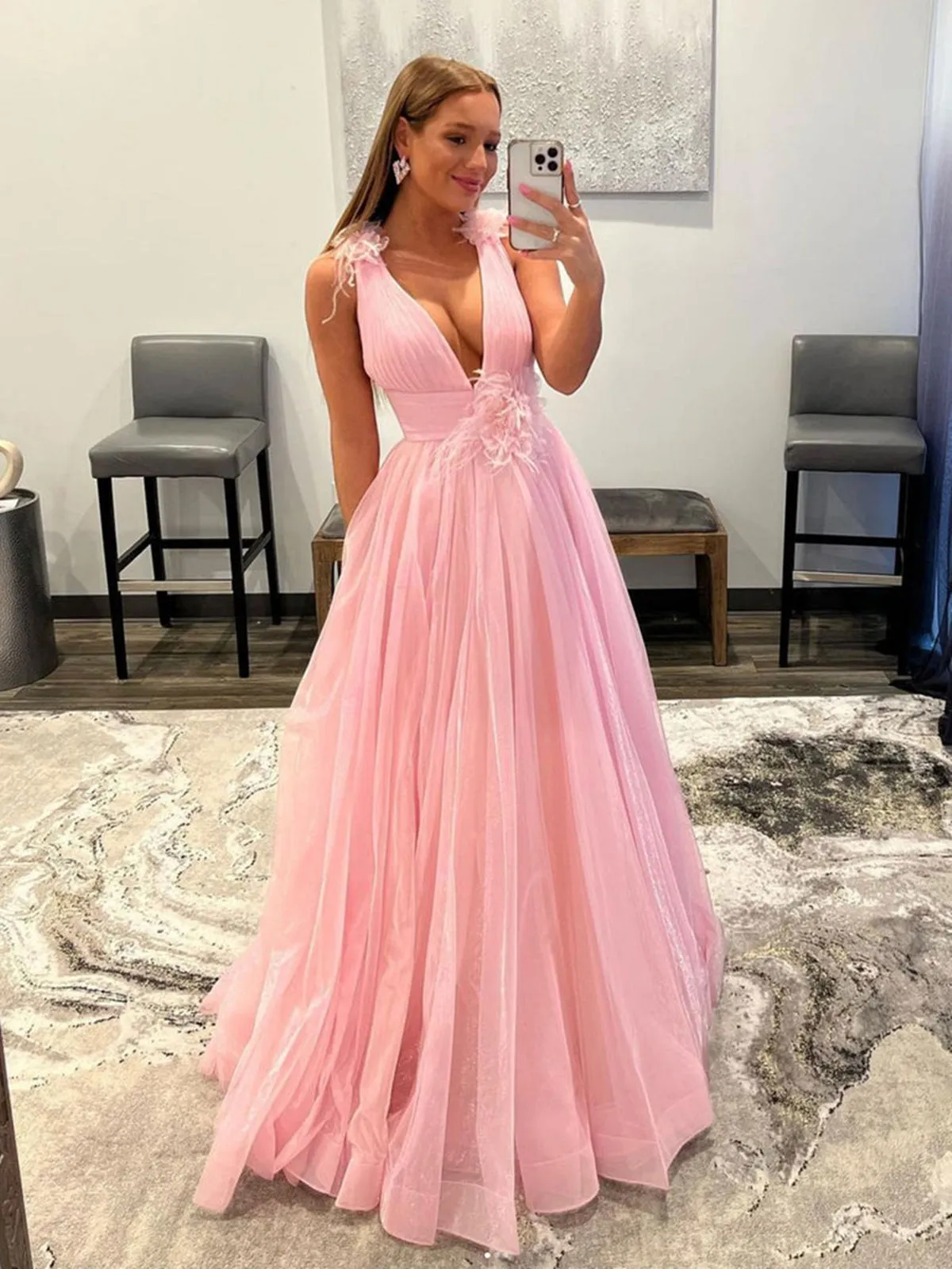 Pink Floral Tulle Prom Dresses, Pink Floral Tulle Formal Graduation Dresses
